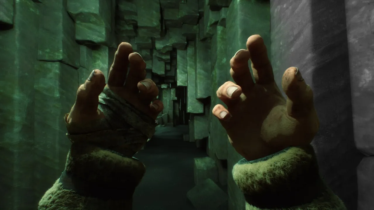 First-person hands raised in a green-lit corridor of stone columns in Stygian: Outer Gods