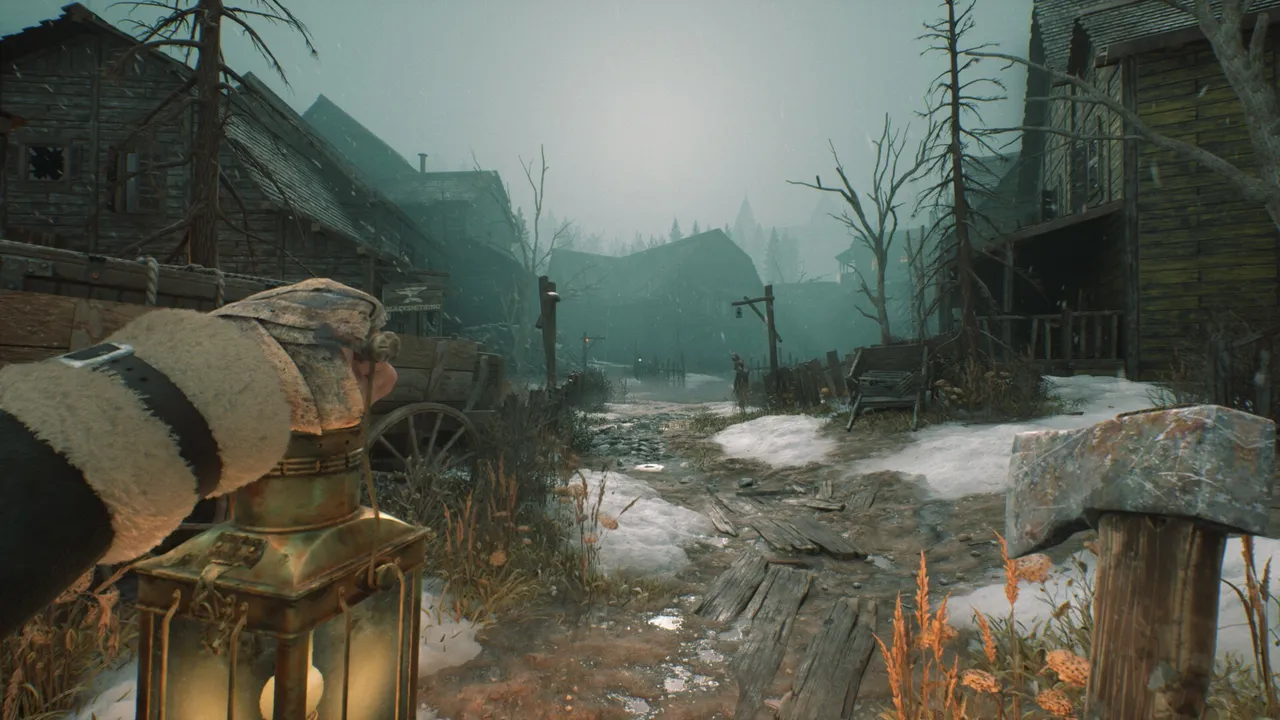 First-person view of a foggy village street with a lit lantern and an axe in hand in Stygian: Outer Gods