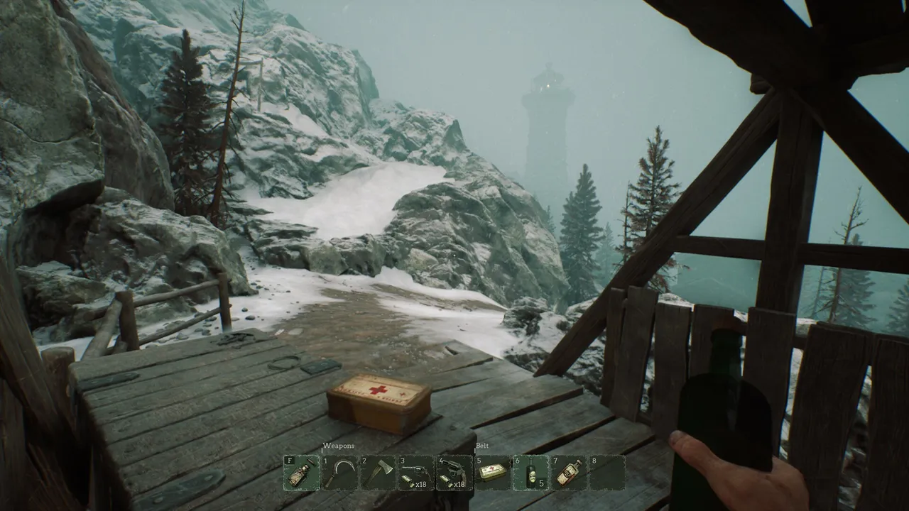 Wooden lookout deck with a first aid box on the planks, a glass bottle in the player’s hand and the item hotbar along the bottom of the screen