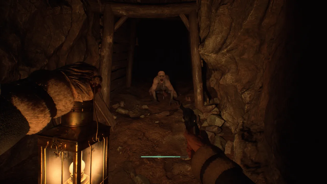 A pale humanoid enemy crouching at the end of a mine tunnel while the player holds a lantern and a firearm in Stygian: Outer Gods